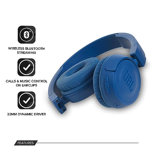 JBL T450BT by Harman Extra Bass Wireless On-Ear Headphones with Mic (Blue) JBL T450BT by Harman Extra Bass Wireless On-Ear Headphones with Mic (Blue)